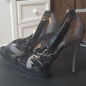 Black and Silver Glitter Open Toe Strap Heels